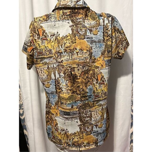VINTAGE 70’s RARE AndHurst yellow & Blue medium Village Scenery Disco Print Shir - Picture 4 of 6
